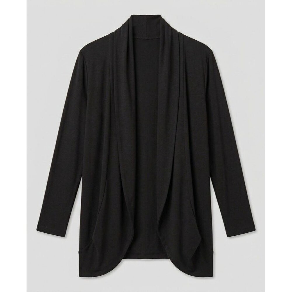 Black Open Front Draped Cardigan - 3/4 Sleeve Lightweight Stretchy Wrap - Pocket